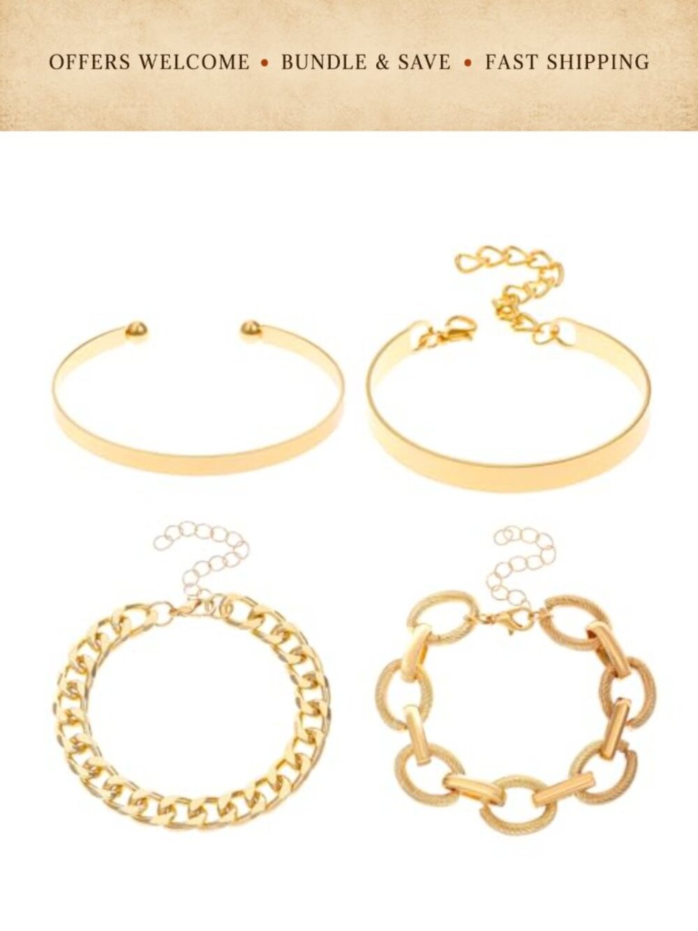 Chunky Stackable Bangle Cuff Bracelet Set Adjustable Link Chain Statement - Picture 2 of 4